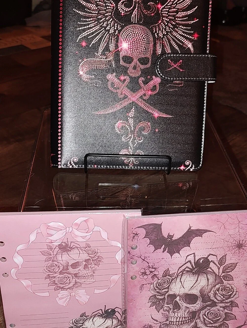 New! A6 PU Soft Leather Black Journal with Pink Rhinestone Skull & Wings